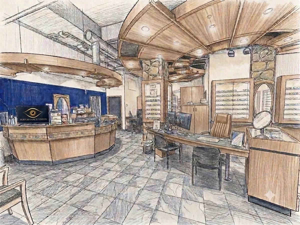 Interior showroom of Performance Vision Eye Care, featuring the reception desk, eyewear display cases, and consultation area