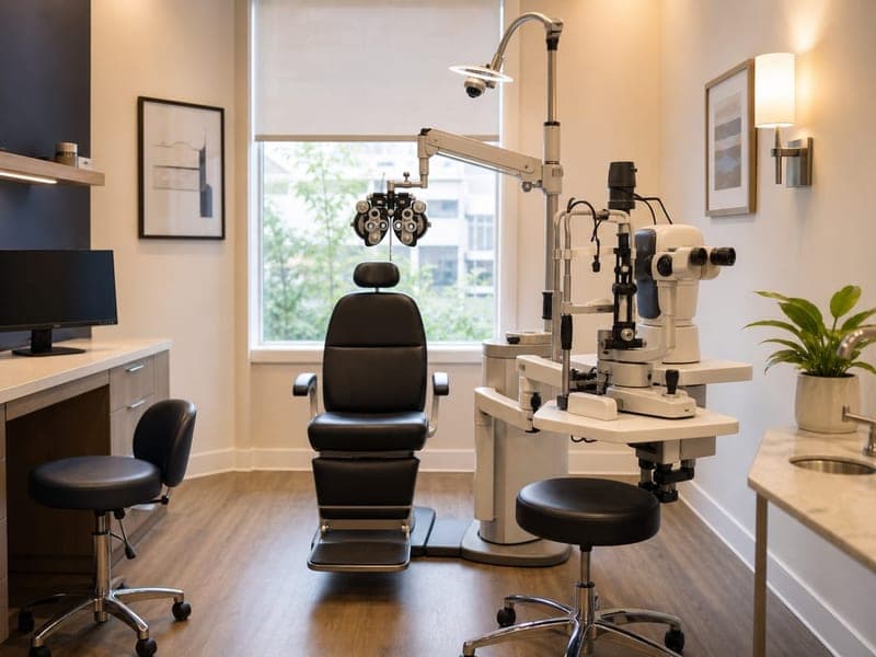Eye exam room with diagnostic chart and equipment used for extended insurance eyewear visits