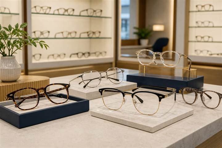 Curated rack of designer eyeglass frames on clearance display at Performance Vision Eye Care