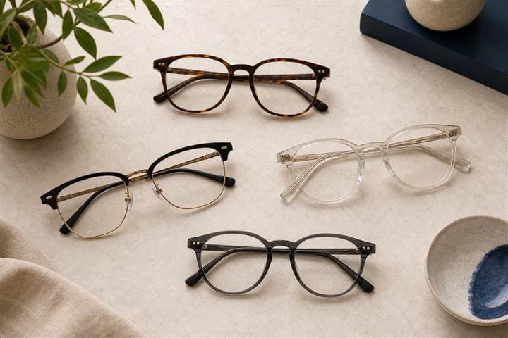 Multiple pairs of eyeglass frames laid out together, illustrating the second-pair value offer
