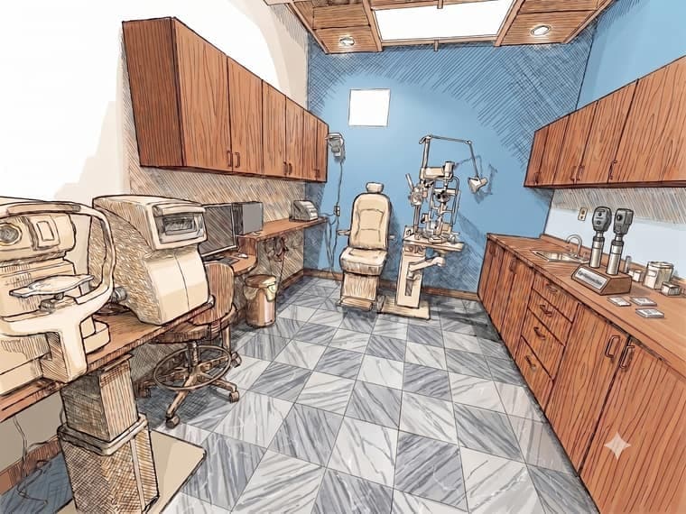 Illustrated optometry exam room with retinoscopy, phoropter, and slit lamp equipment at Performance Vision Eye Care