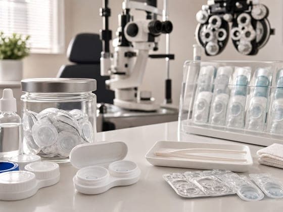 Close-up of a scleral contact lens fitting setup at Performance Vision Eye Care