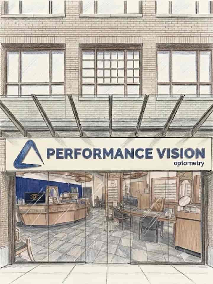 Illustration of the Performance Vision Eye Care storefront exterior, showing the brick facade, glass entrance, and signage awning