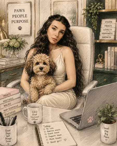 Illustrated portrait of Angela and her dog Lily, Chief Marketing Officer and Chief Wagging Officer at Performance Vision Eye Care